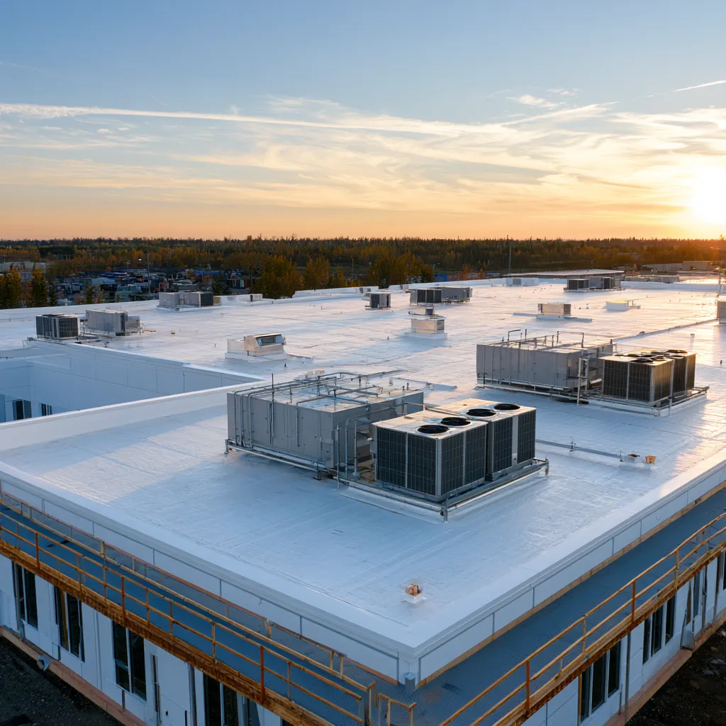 Sunset over rooftop HVAC equipment on a white commercial roof