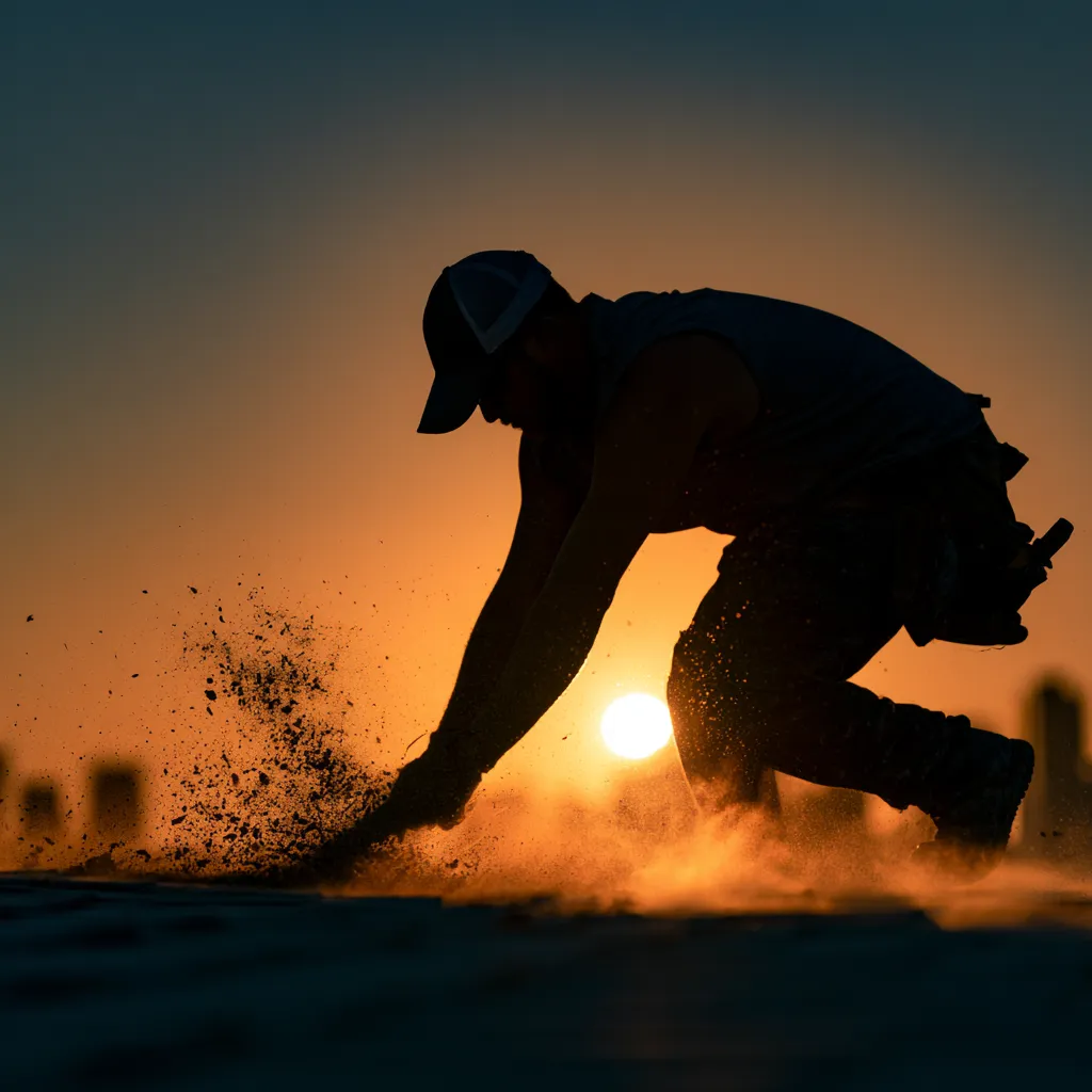 At sunset a roofer clears debris off a rooftop