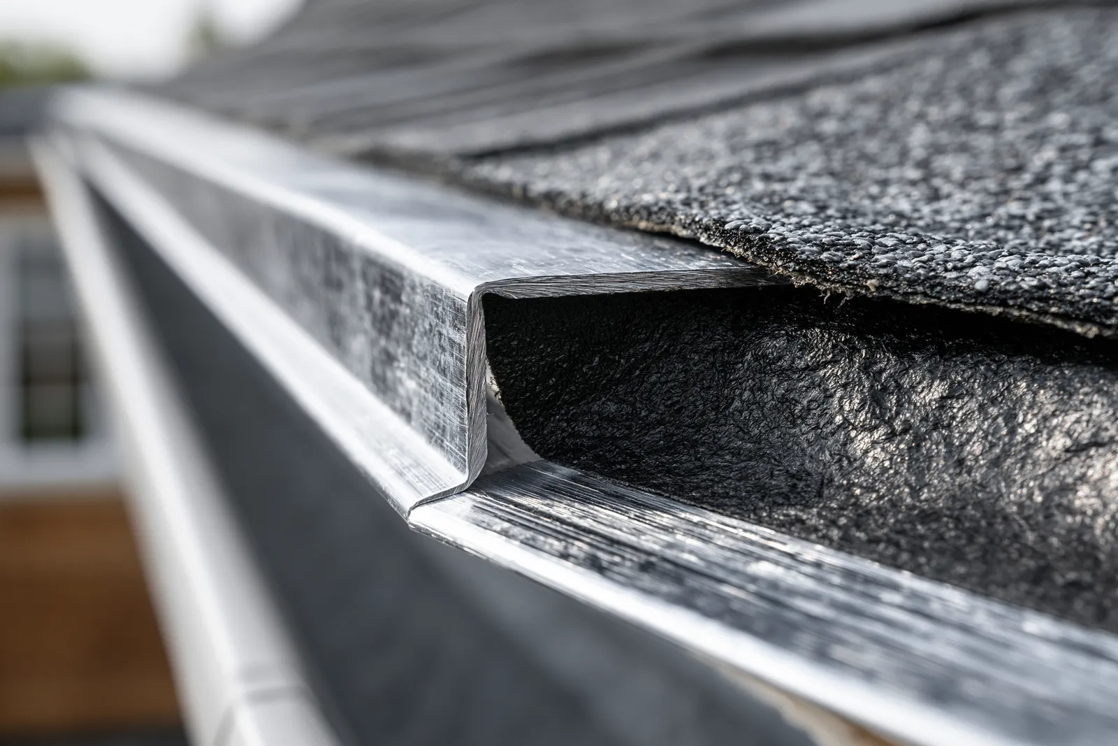 A roof eave edge shows metal drip edge flashing beneath gray shingles