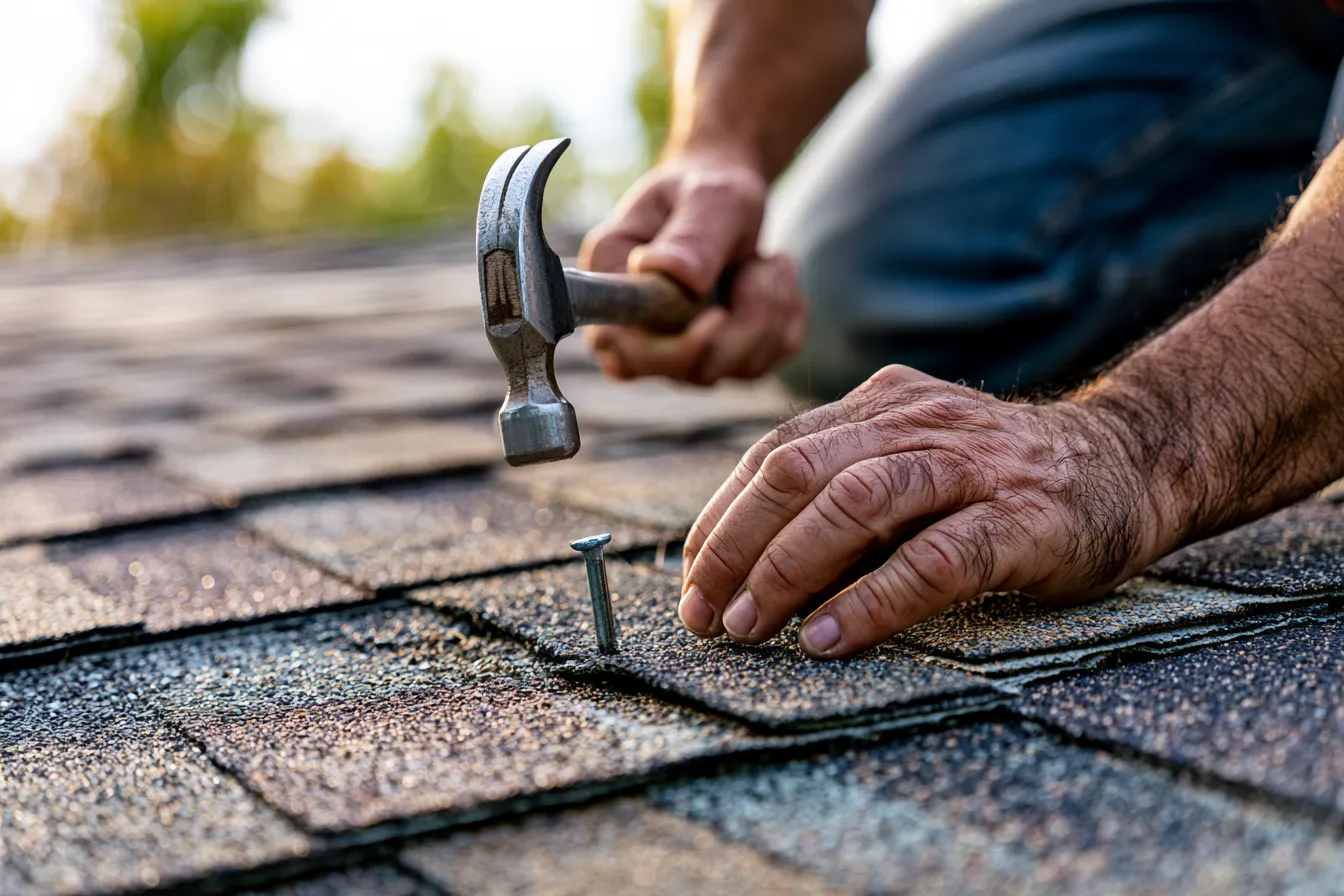 A roofer uses a hammer to nail down a shingle while repairing a roof